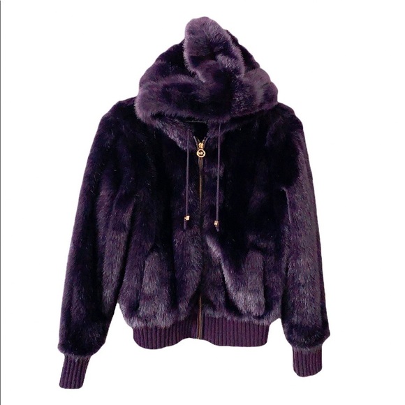 Michael Kors Faux Fur Purple Bomber Hooded Jacket - Picture 1 of 12